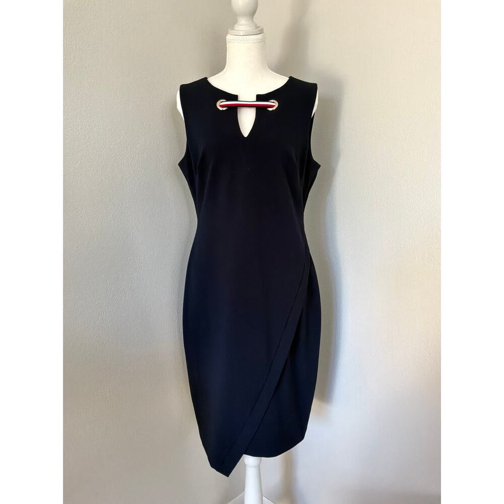 Tommy Hilfiger Navy Sheath Dress Size 10 Gold Hardware Nautical Tulip Hem